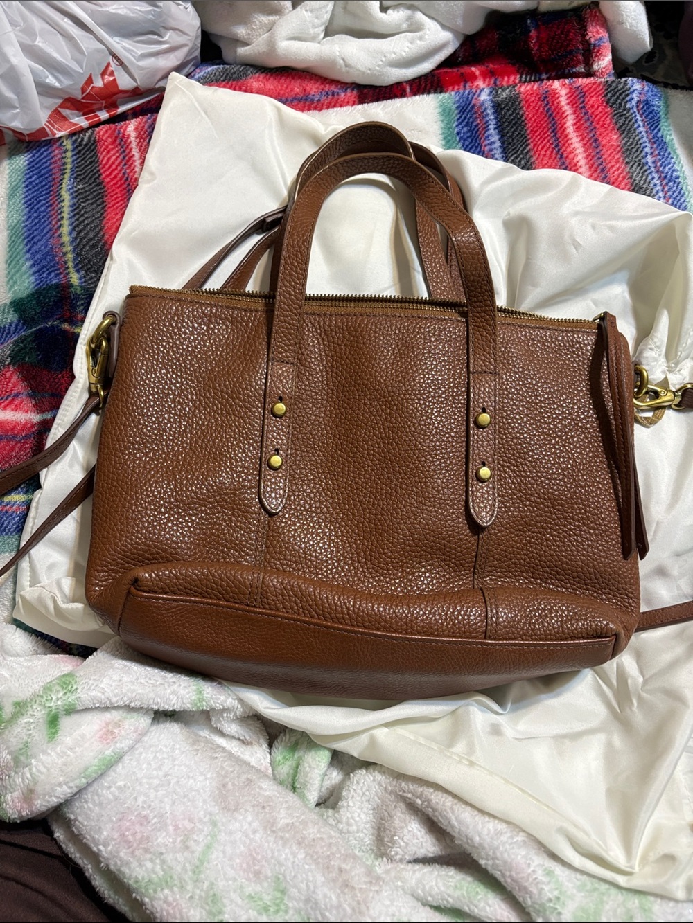 Fossil Brown Pebbled Leather Satchel with Brass Hardware